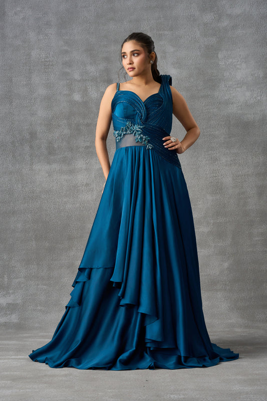Teal Blue Satin Silk Cocktail Gown