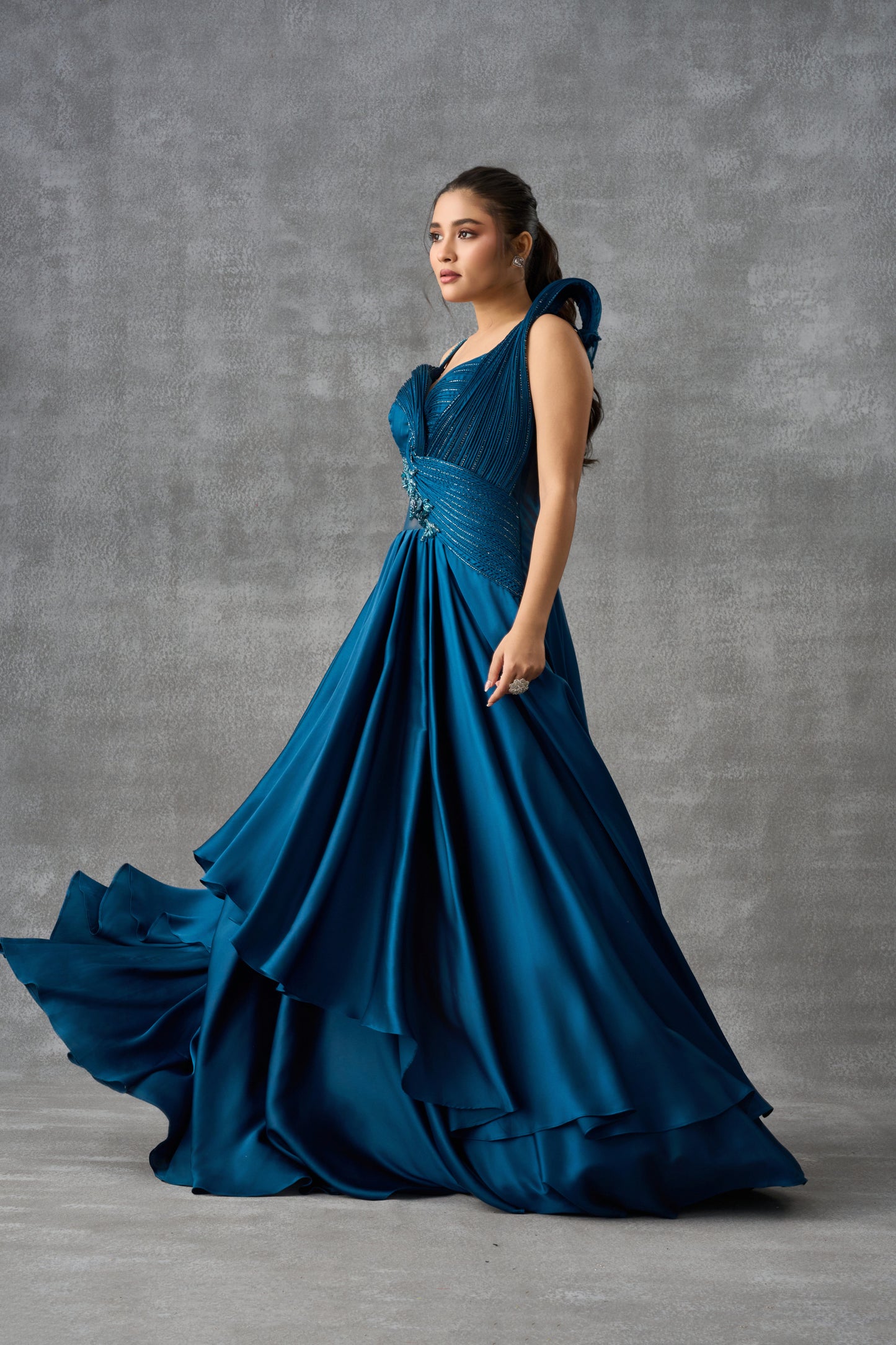 Teal Blue Satin Silk Cocktail Gown