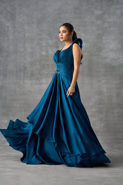 Teal Blue Satin Silk Cocktail Gown