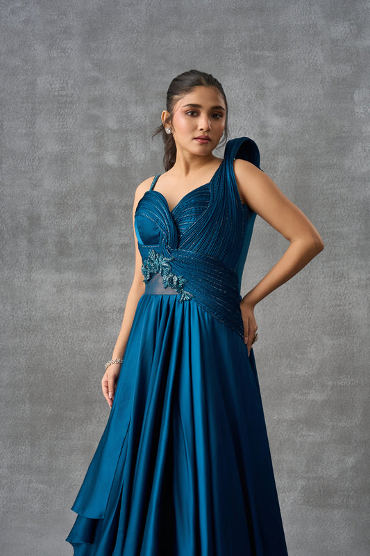Teal Blue Satin Silk Cocktail Gown