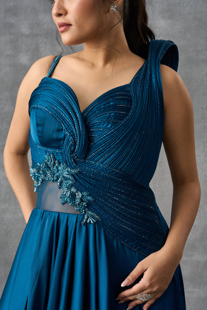 Teal Blue Satin Silk Cocktail Gown