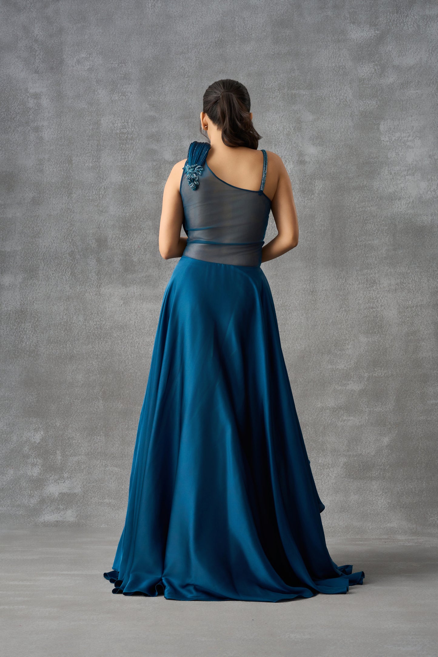 Teal Blue Satin Silk Cocktail Gown