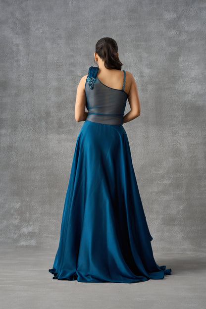 Teal Blue Satin Silk Cocktail Gown