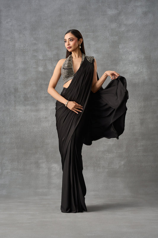 Black Cocktail Drape Saree With Embellished Halter Neck Blouse