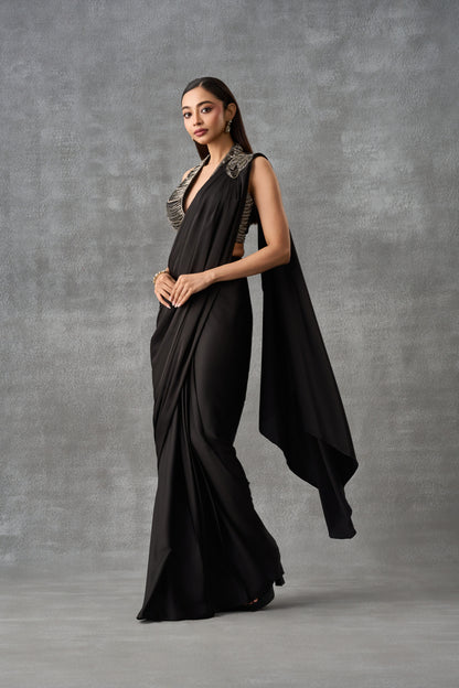 Black Cocktail Drape Saree With Embellished Halter Neck Blouse