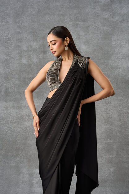 Black Cocktail Drape Saree With Embellished Halter Neck Blouse