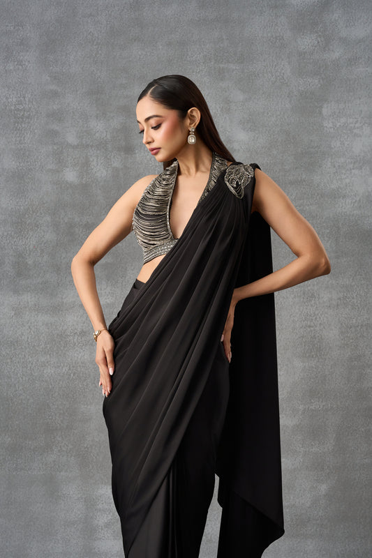 Black Cocktail Drape Saree With Embellished Halter Neck Blouse