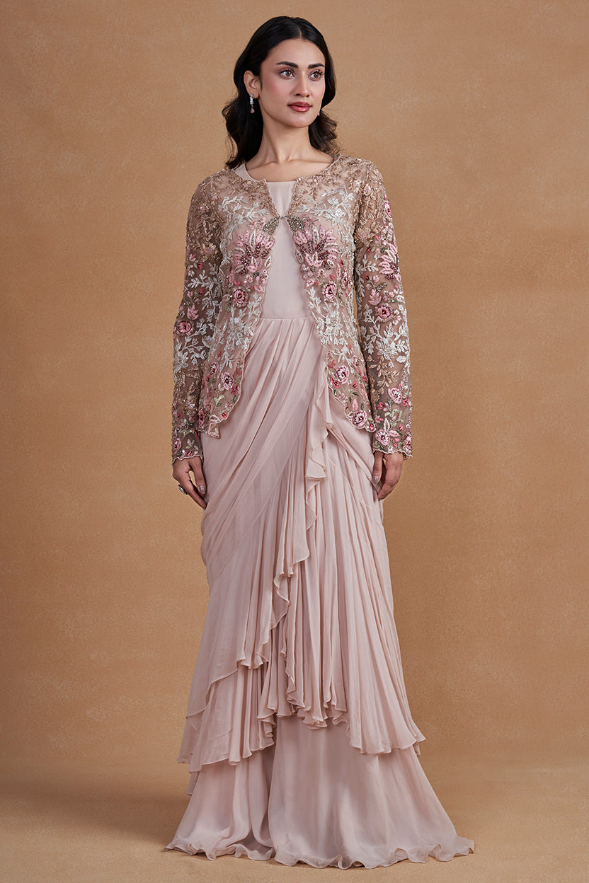 Pink Drape Gown With Jacket
