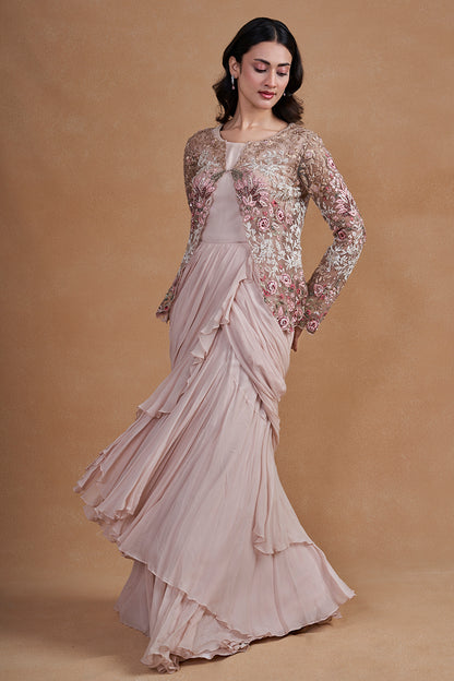 Pink Drape Gown With Jacket