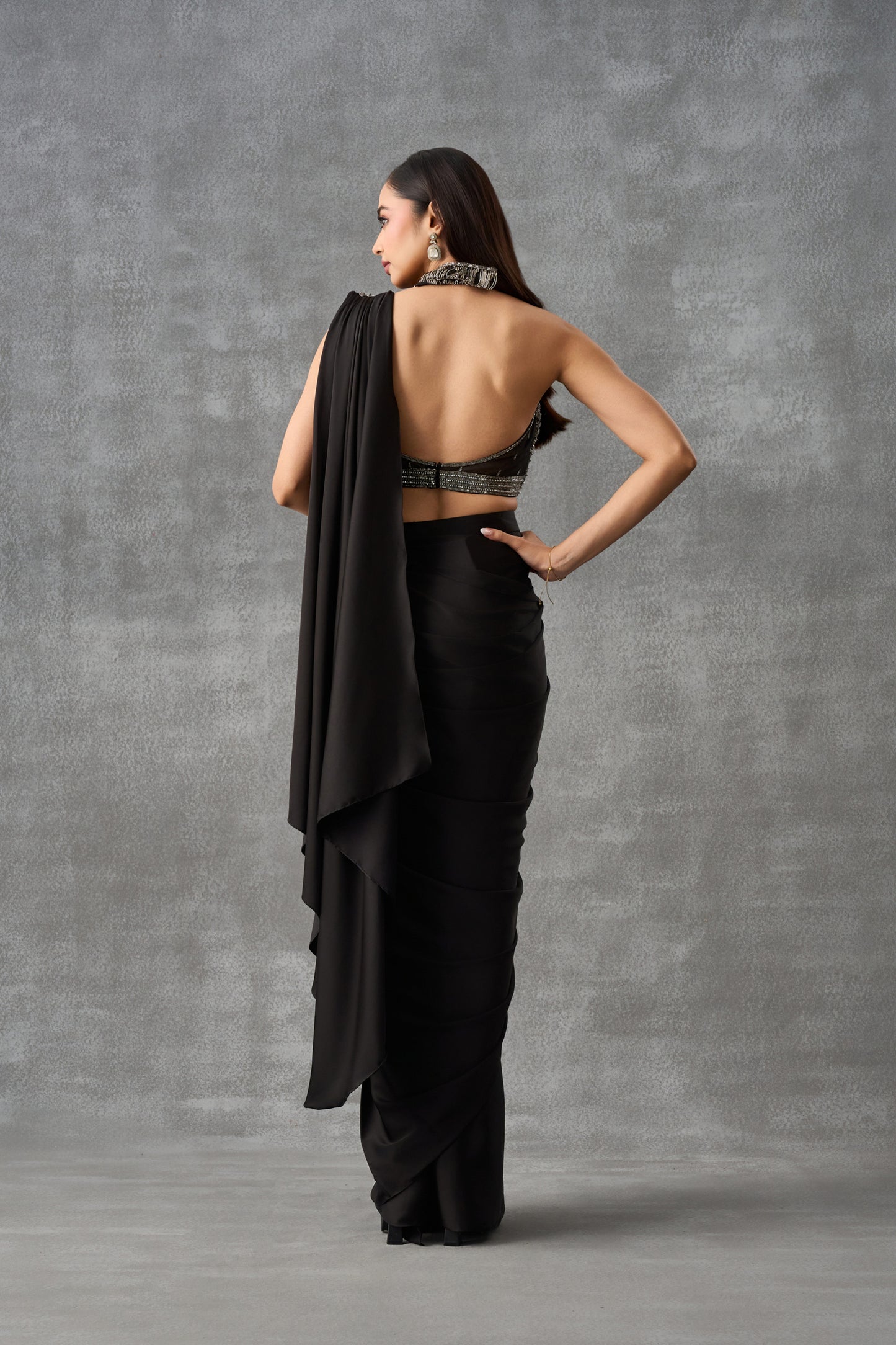 Black Cocktail Drape Saree With Embellished Halter Neck Blouse
