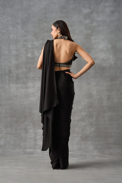 Black Cocktail Drape Saree With Embellished Halter Neck Blouse