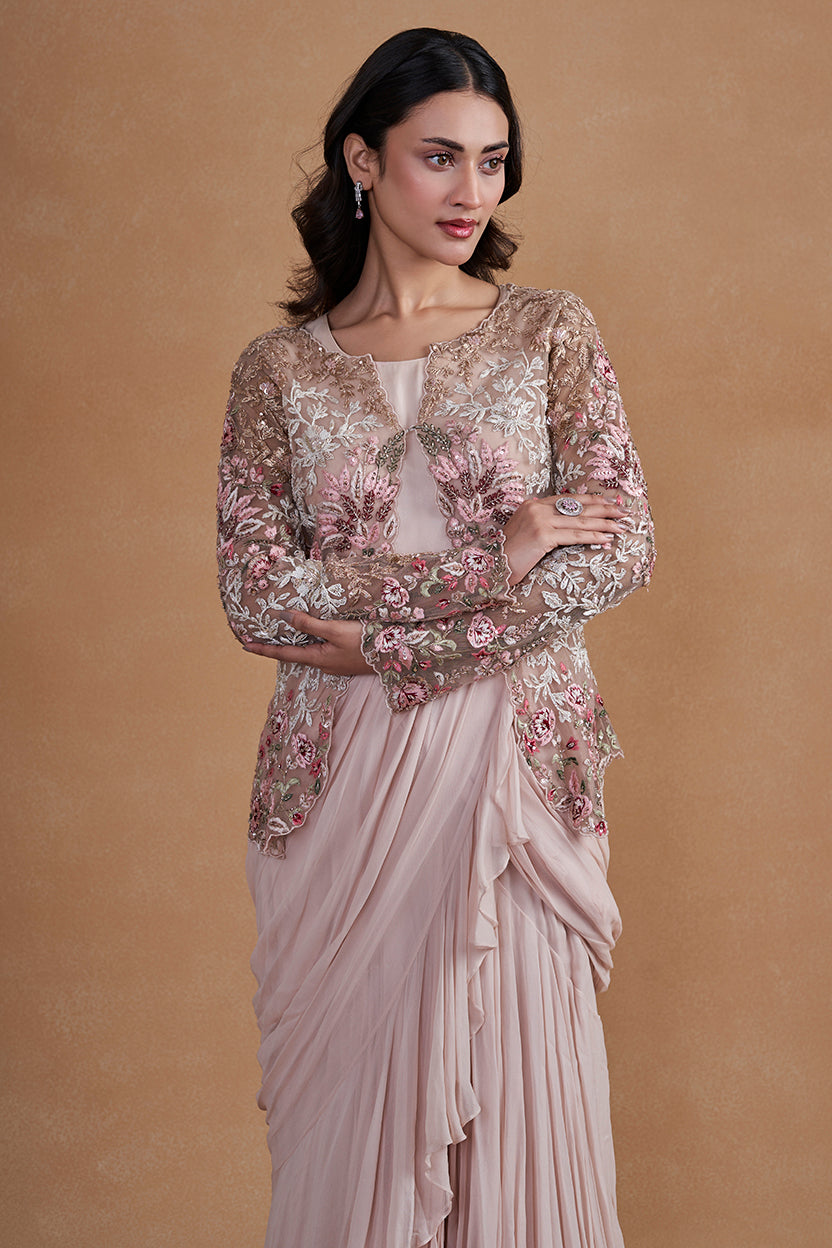 Pink Drape Gown With Jacket