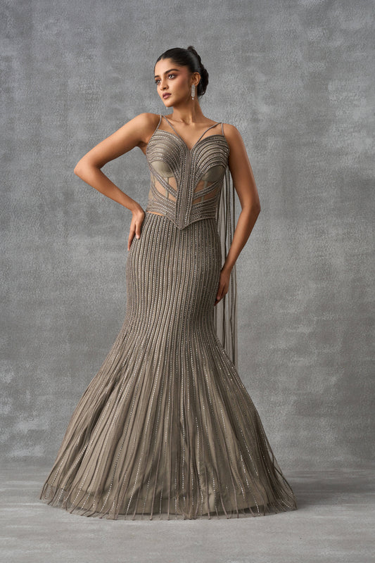 Grey Swarovski Fishcut Indowestern Lehenga