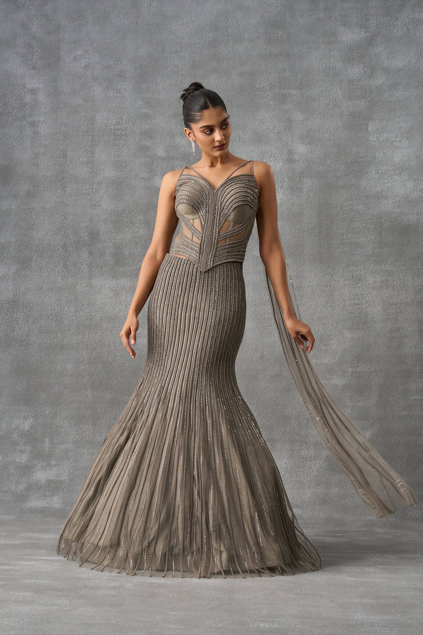 Grey Swarovski Fishcut Indowestern Lehenga