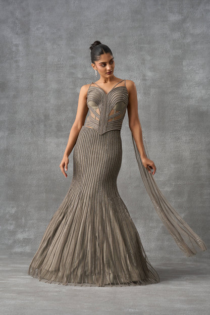 Grey Swarovski Fishcut Indowestern Lehenga