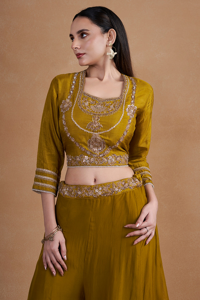 Mehendi Green Indo-western Set With Intricate Handwork And Pearl Detailing