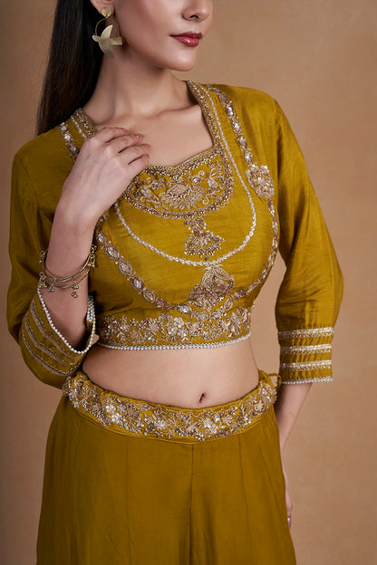 Mehendi Green Indo-western Set With Intricate Handwork And Pearl Detailing