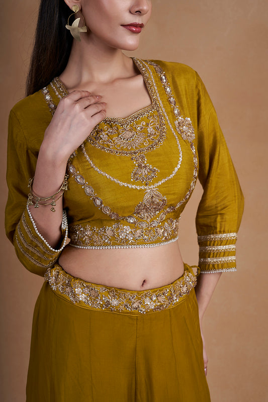 Mehendi Green Indo-western Set With Intricate Handwork And Pearl Detailing