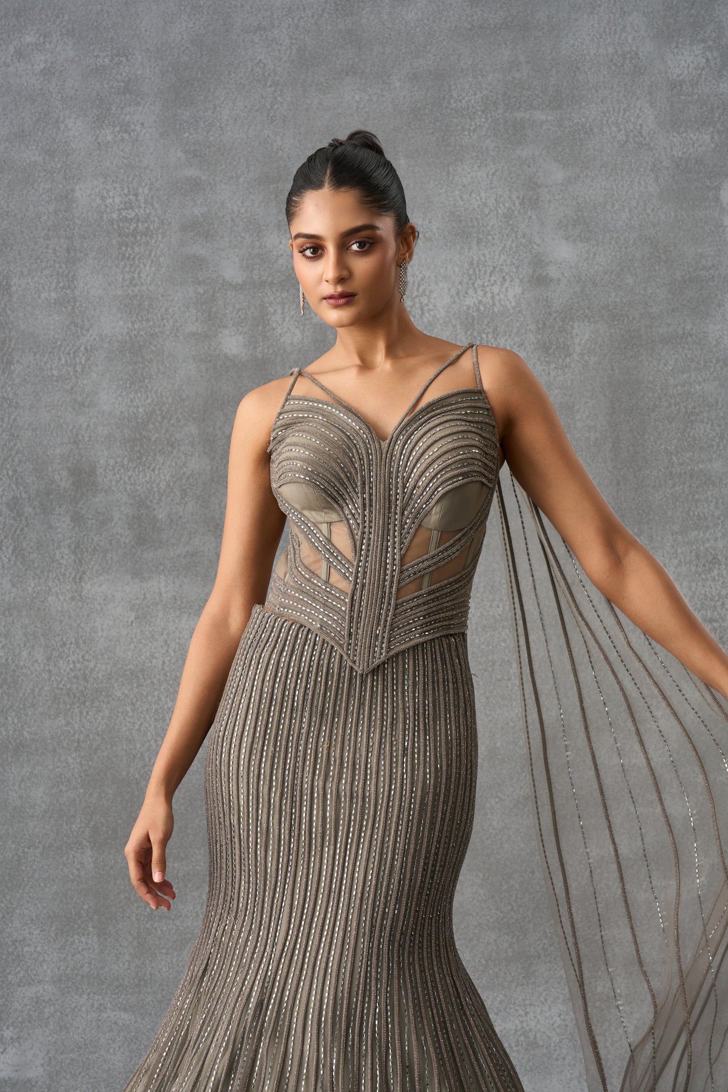 Grey Swarovski Fishcut Indowestern Lehenga