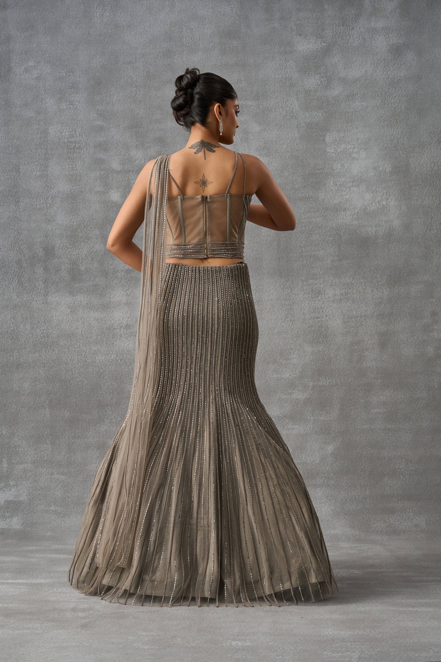 Grey Swarovski Fishcut Indowestern Lehenga