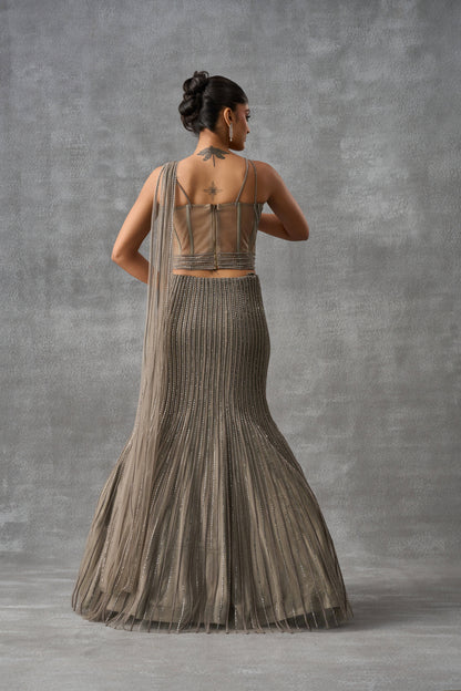 Grey Swarovski Fishcut Indowestern Lehenga