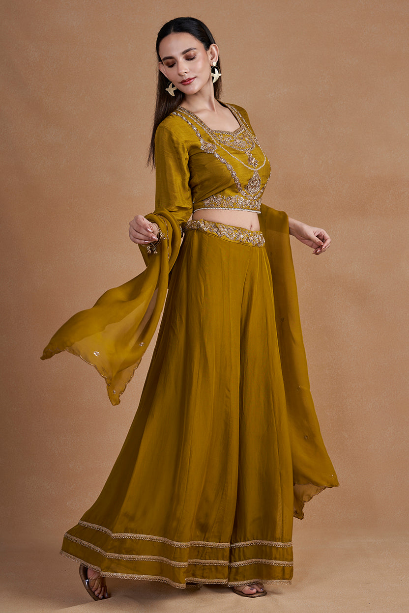 Mehendi Green Indo-western Set With Intricate Handwork And Pearl Detailing