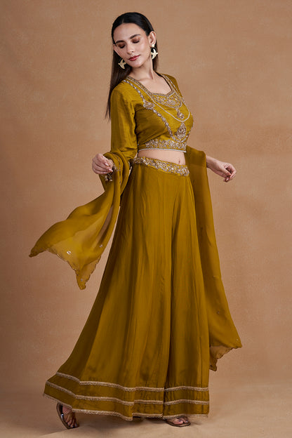 Mehendi Green Indo-western Set With Intricate Handwork And Pearl Detailing
