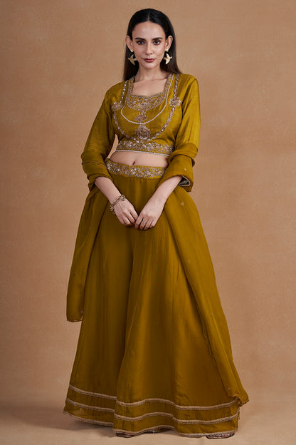 Mehendi Green Indo-western Set With Intricate Handwork And Pearl Detailing