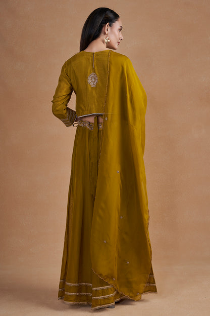 Mehendi Green Indo-western Set With Intricate Handwork And Pearl Detailing