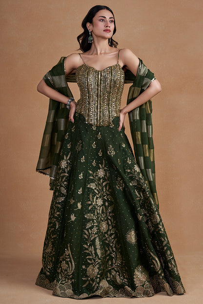 Green Corset Lehenga Set With Pearl Detailing And Handwork