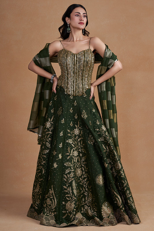 Green Corset Lehenga Set With Pearl Detailing And Handwork