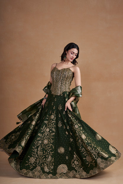 Green Corset Lehenga Set With Pearl Detailing And Handwork