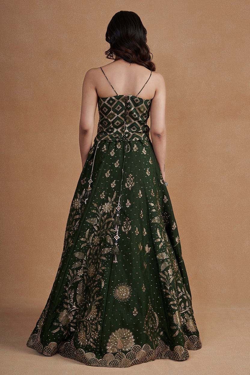 Green Corset Lehenga Set With Pearl Detailing And Handwork