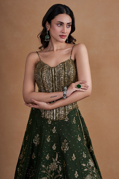 Green Corset Lehenga Set With Pearl Detailing And Handwork