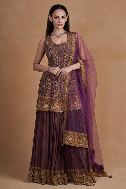 Plum Sharara Set With Swarovski Detailing