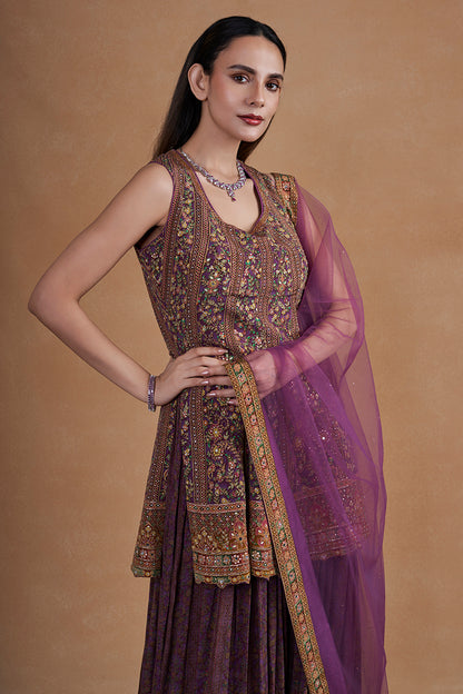 Plum Sharara Set With Swarovski Detailing