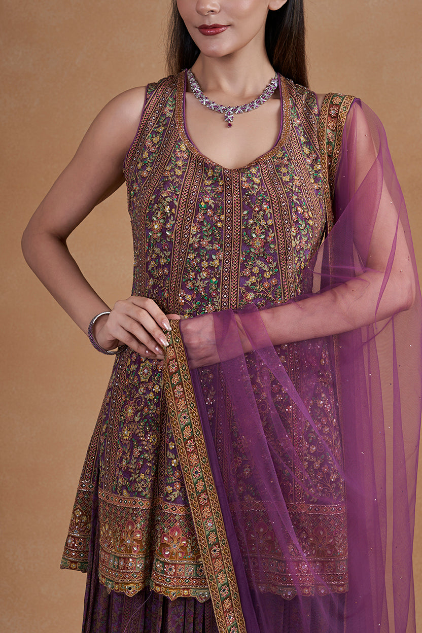 Plum Sharara Set With Swarovski Detailing