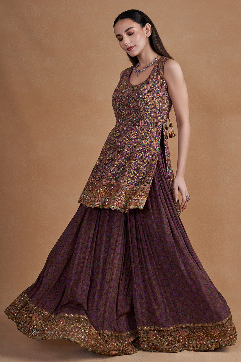 Plum Sharara Set With Swarovski Detailing