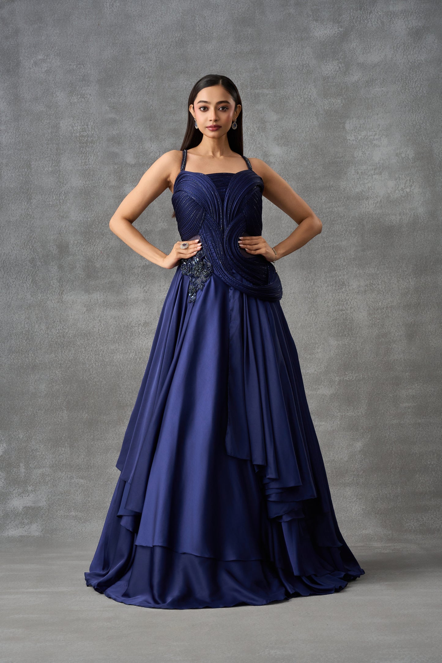 Navy Blue Satin Silk Cocktail Gown