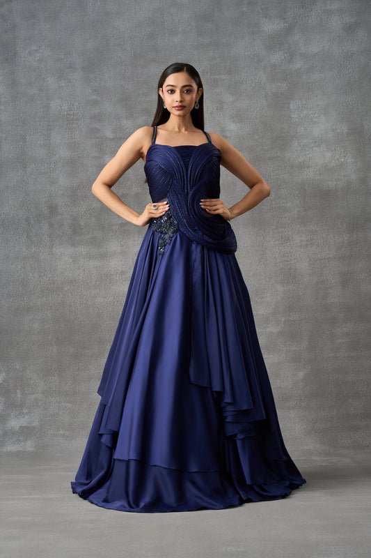 Navy Blue Satin Silk Cocktail Gown
