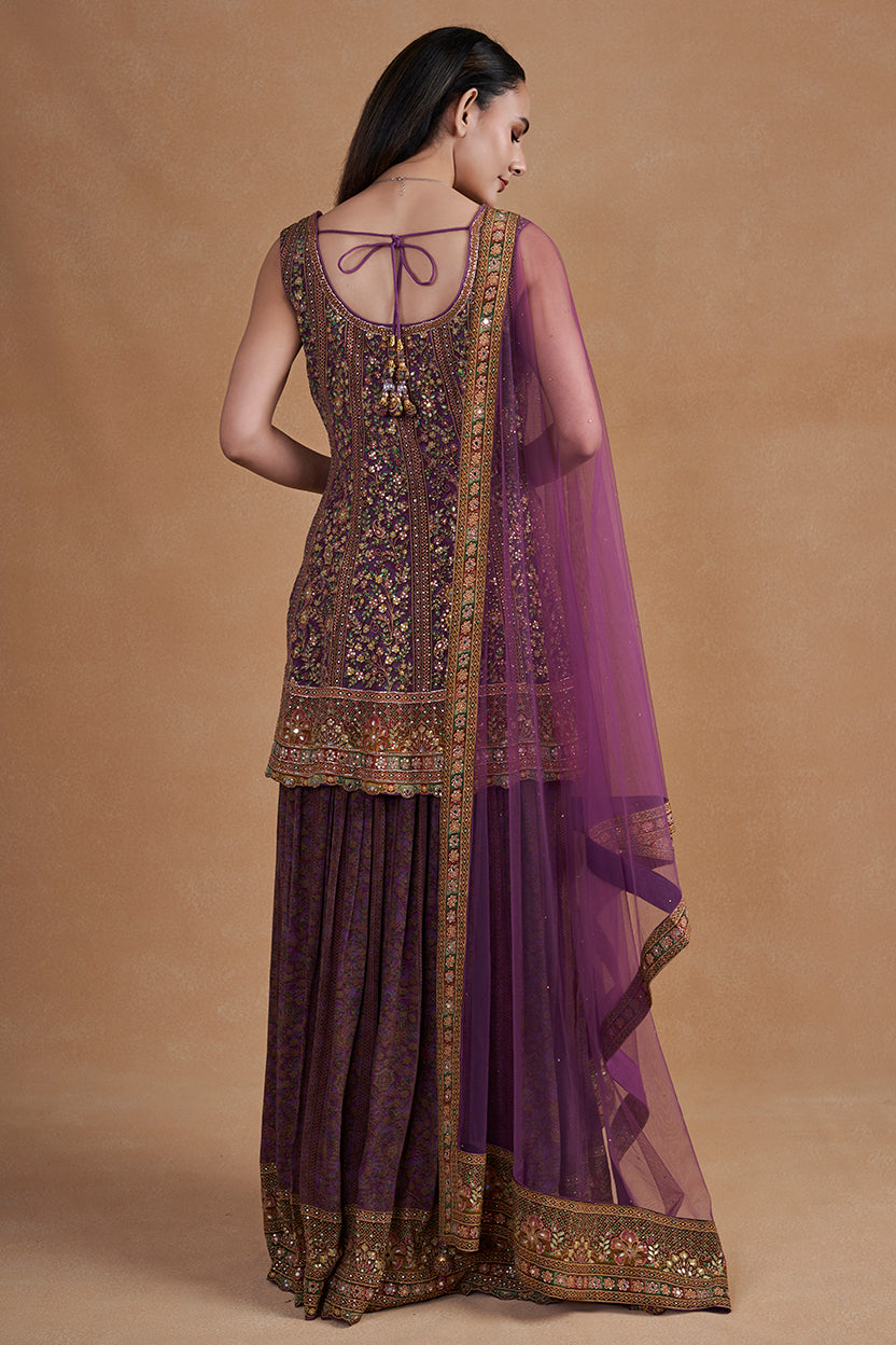 Plum Sharara Set With Swarovski Detailing