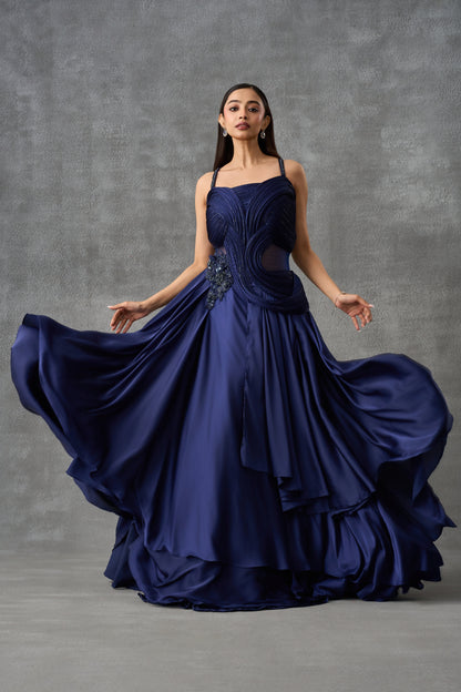 Navy Blue Satin Silk Cocktail Gown