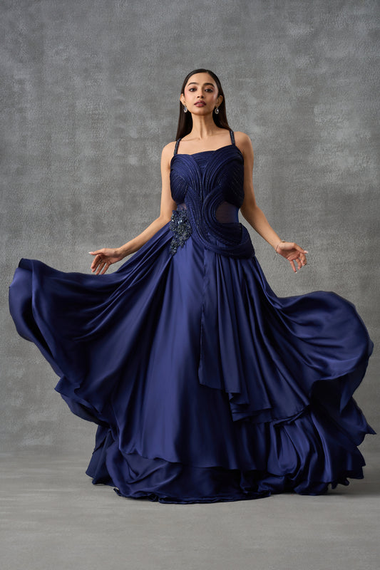 Navy Blue Satin Silk Cocktail Gown