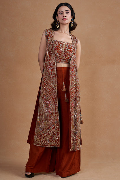 Rust Indo-western Set With Long Jacket