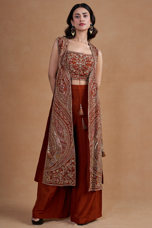 Rust Indo-western Set With Long Jacket