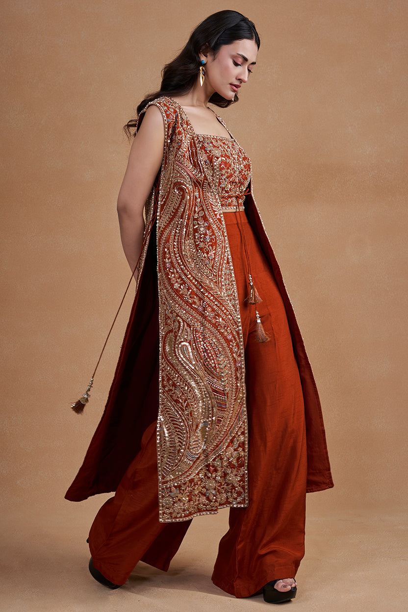 Rust Indo-western Set With Long Jacket