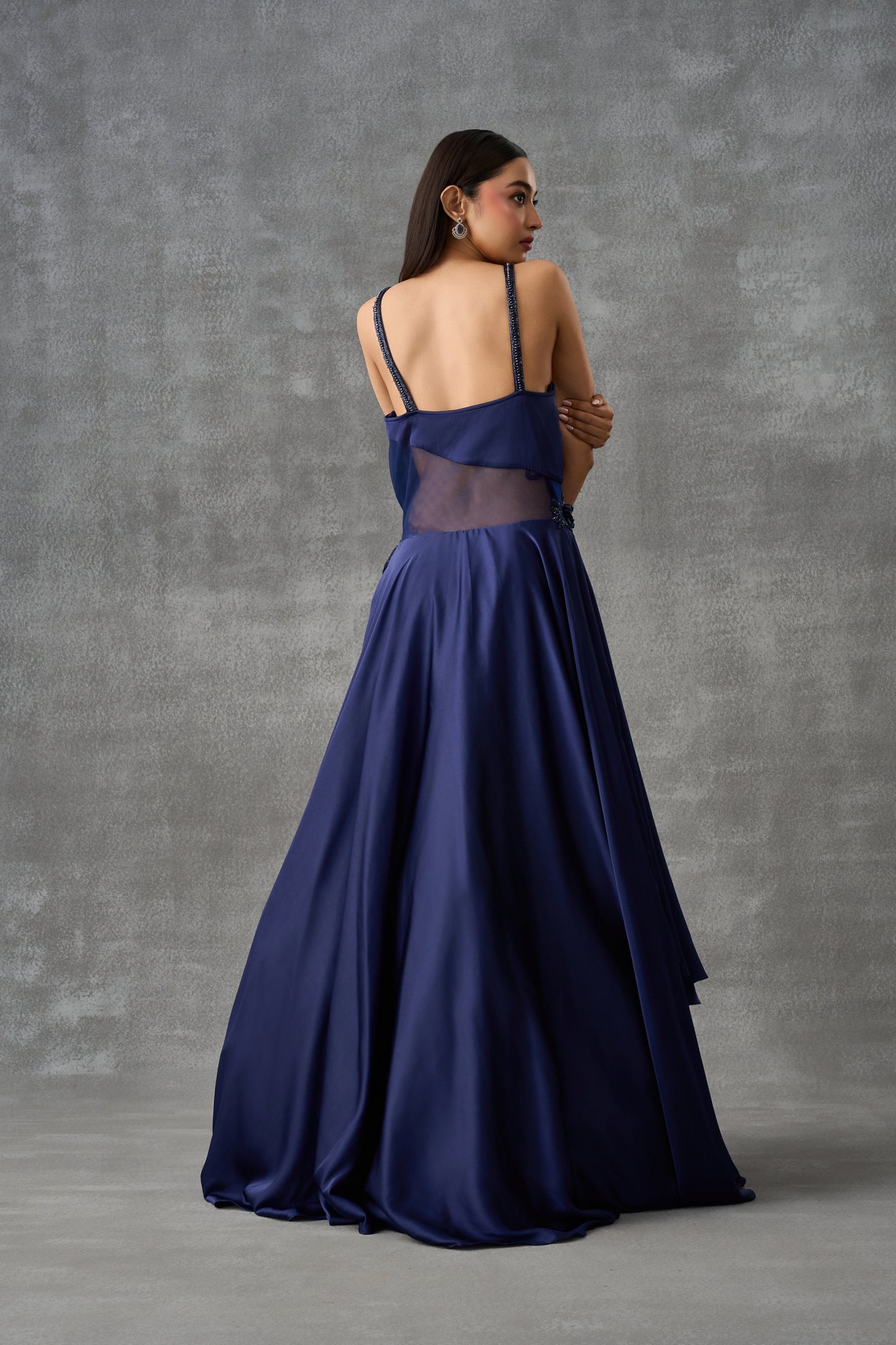 Navy Blue Satin Silk Cocktail Gown