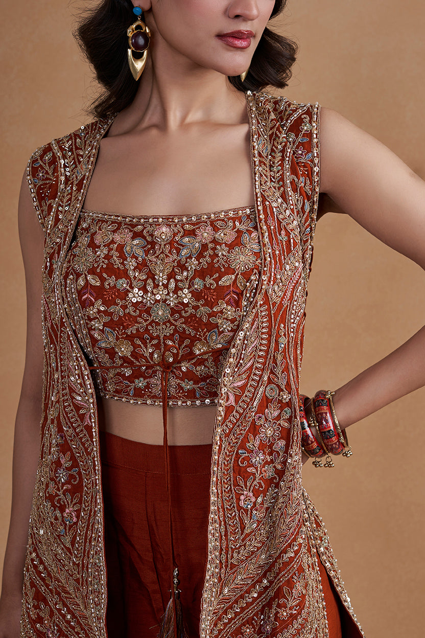 Rust Indo-western Set With Long Jacket