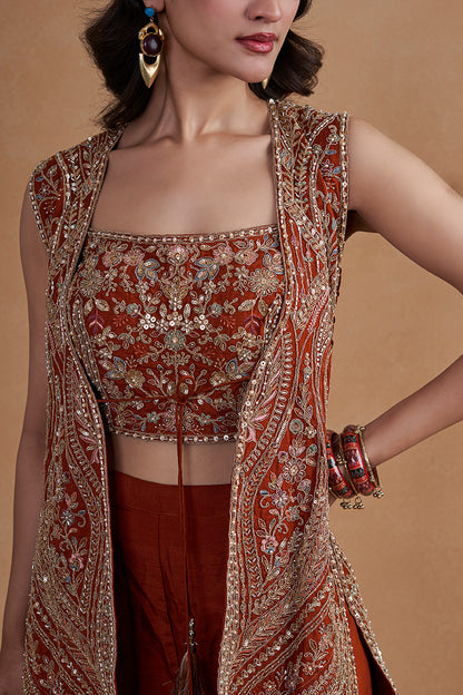 Rust Indo-western Set With Long Jacket