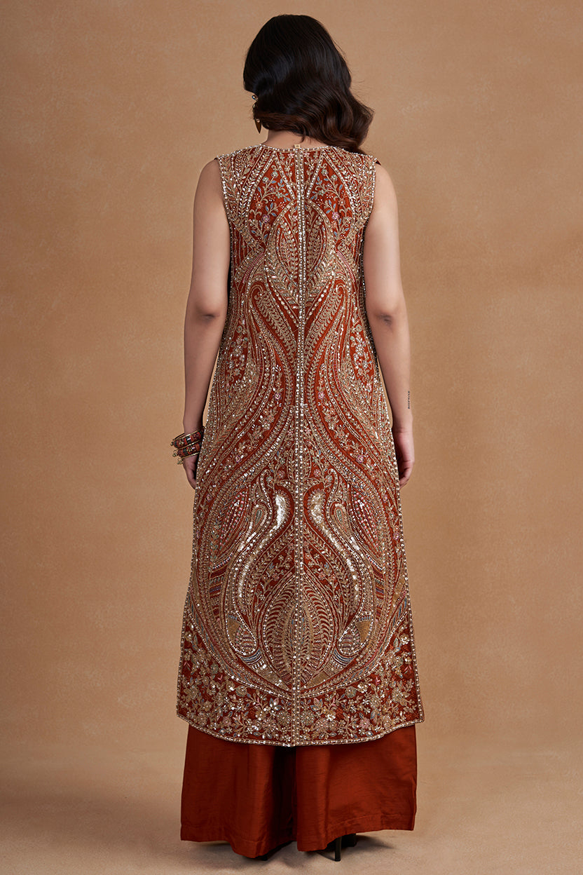 Rust Indo-western Set With Long Jacket